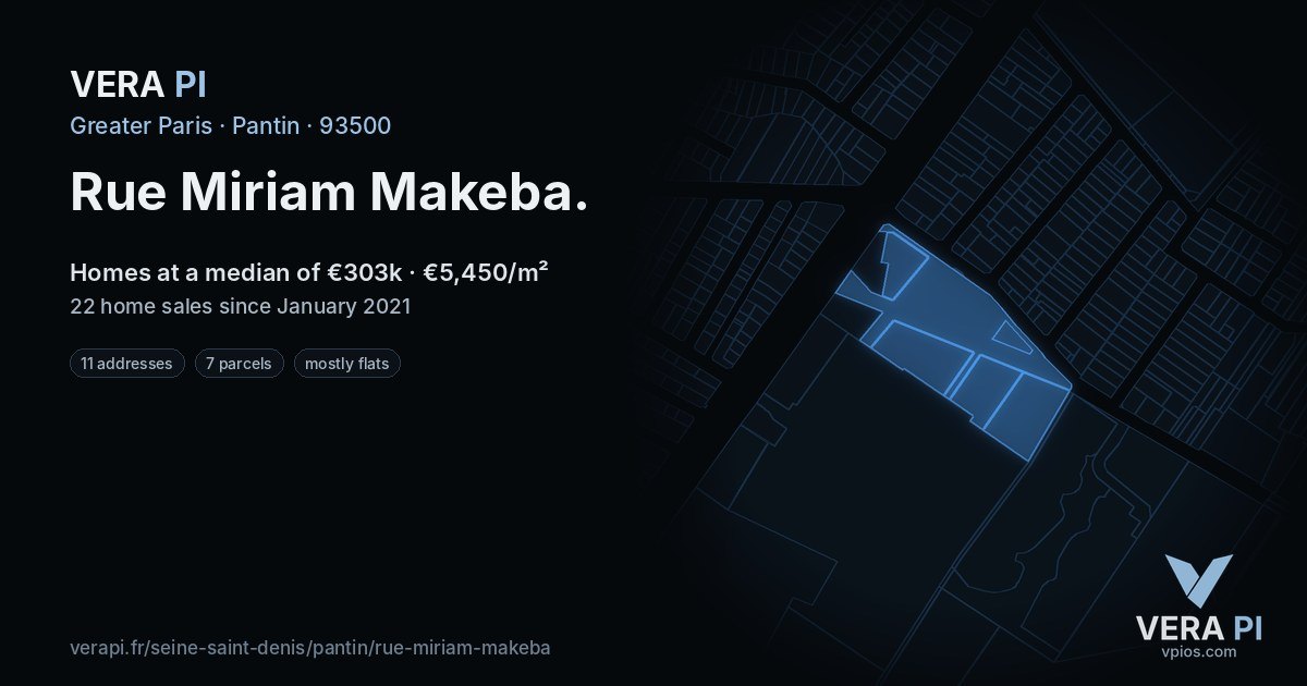 Rue Miriam Makeba, Pantin at night – every parcel coloured by the prices around it, the street's own parcels lit
