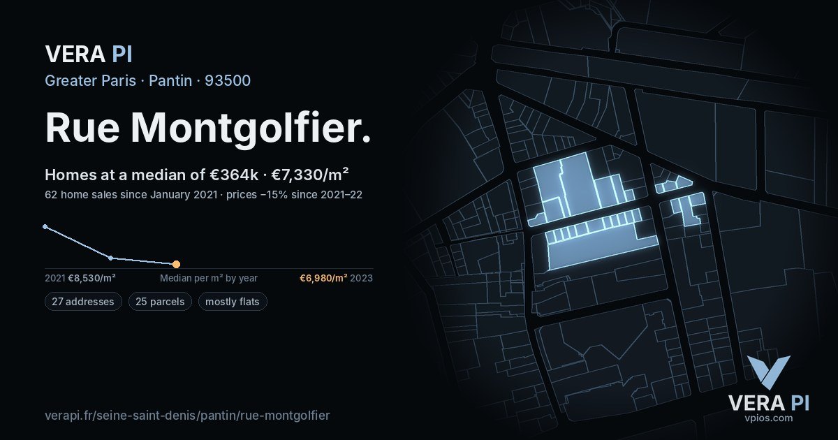 Rue Montgolfier, Pantin at night – every parcel coloured by the prices around it, the street's own parcels lit