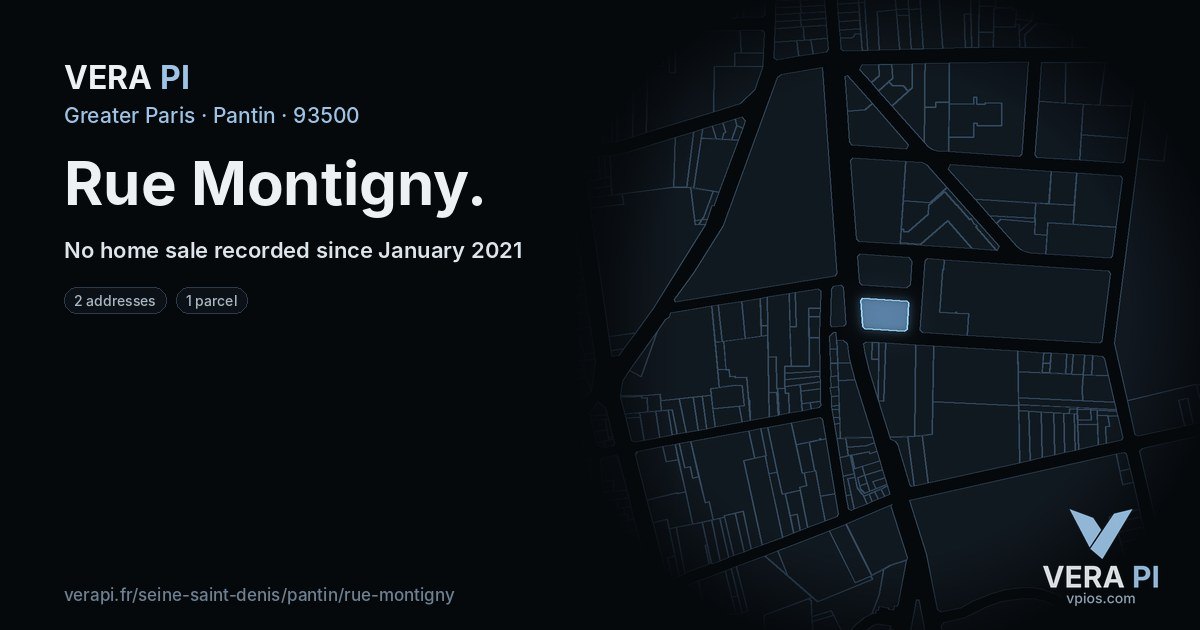 Rue Montigny, Pantin at night – every parcel coloured by the prices around it, the street's own parcels lit