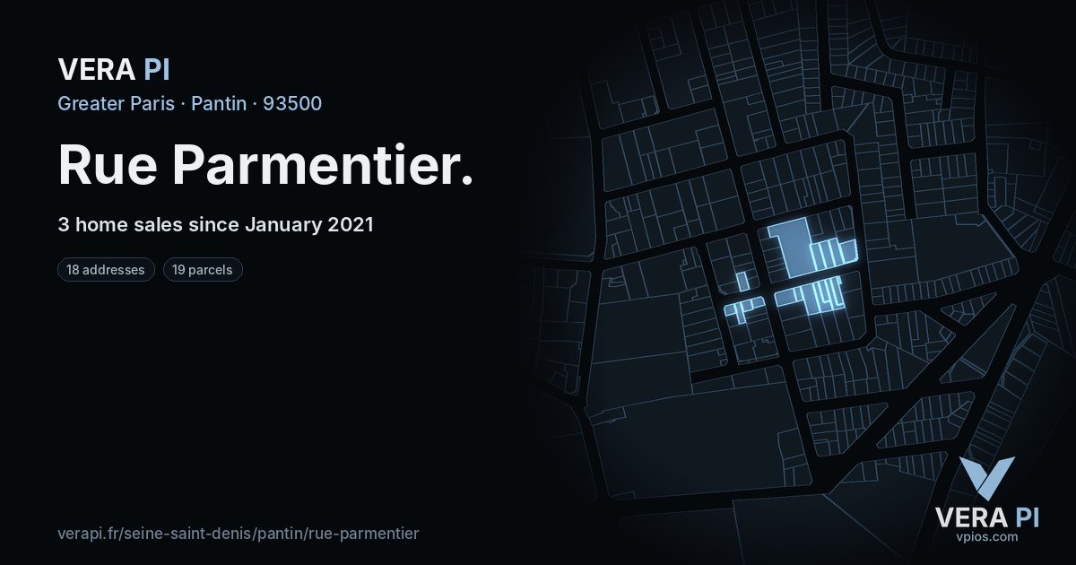 Rue Parmentier, Pantin at night – every parcel coloured by the prices around it, the street's own parcels lit