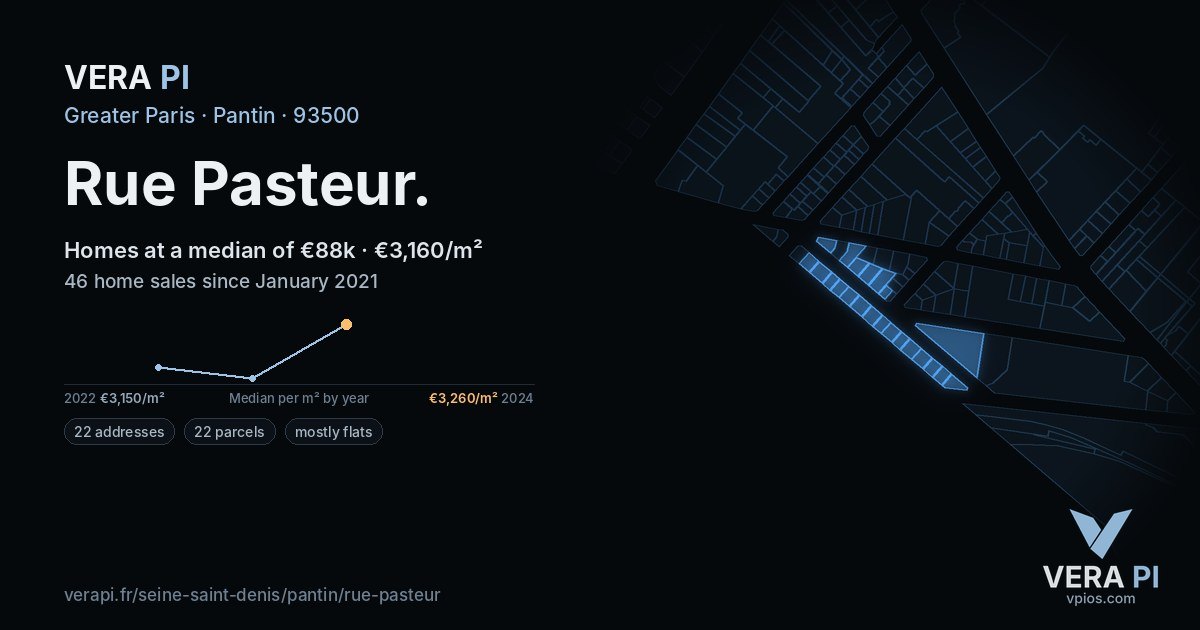 Rue Pasteur, Pantin at night – every parcel coloured by the prices around it, the street's own parcels lit