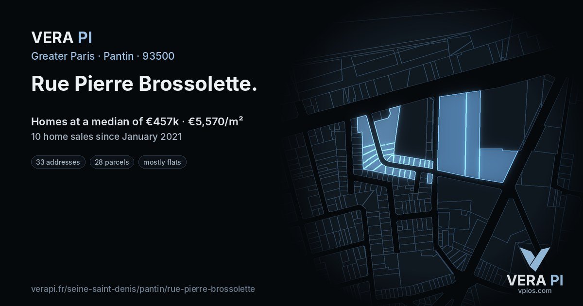 Rue Pierre Brossolette, Pantin at night – every parcel coloured by the prices around it, the street's own parcels lit