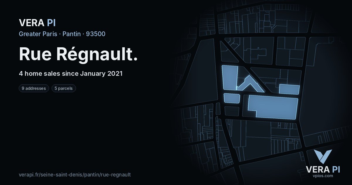 Rue Régnault, Pantin at night – every parcel coloured by the prices around it, the street's own parcels lit