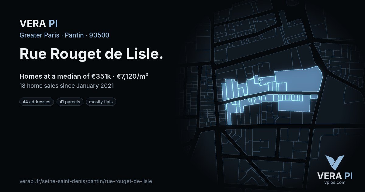 Rue Rouget de Lisle, Pantin at night – every parcel coloured by the prices around it, the street's own parcels lit