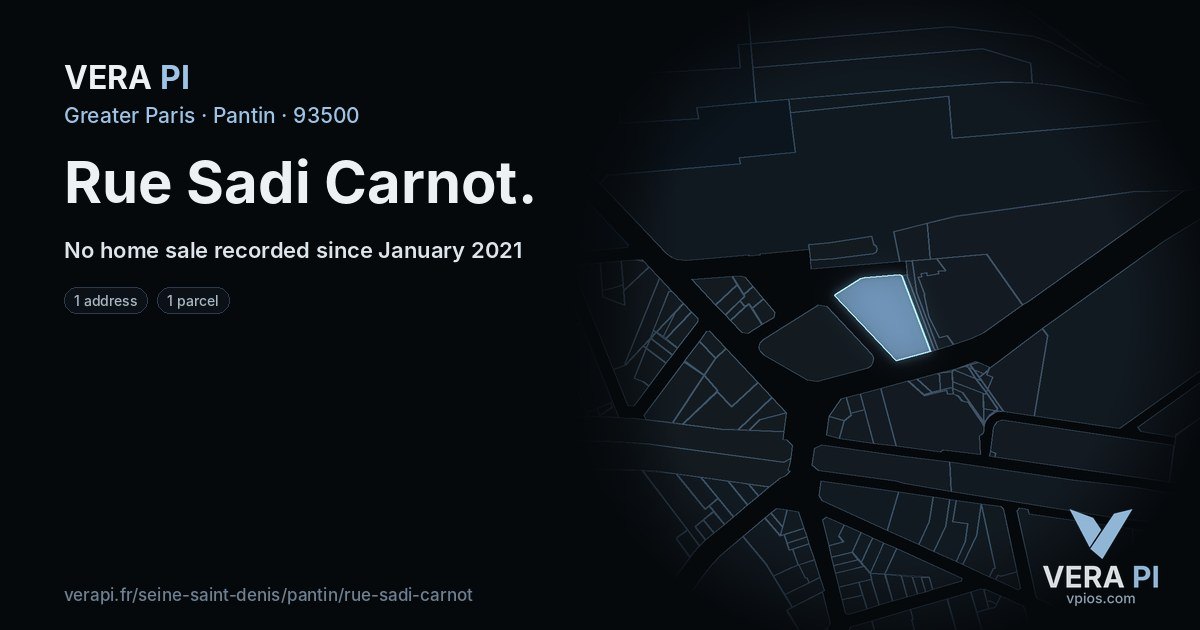 Rue Sadi Carnot, Pantin at night – every parcel coloured by the prices around it, the street's own parcels lit