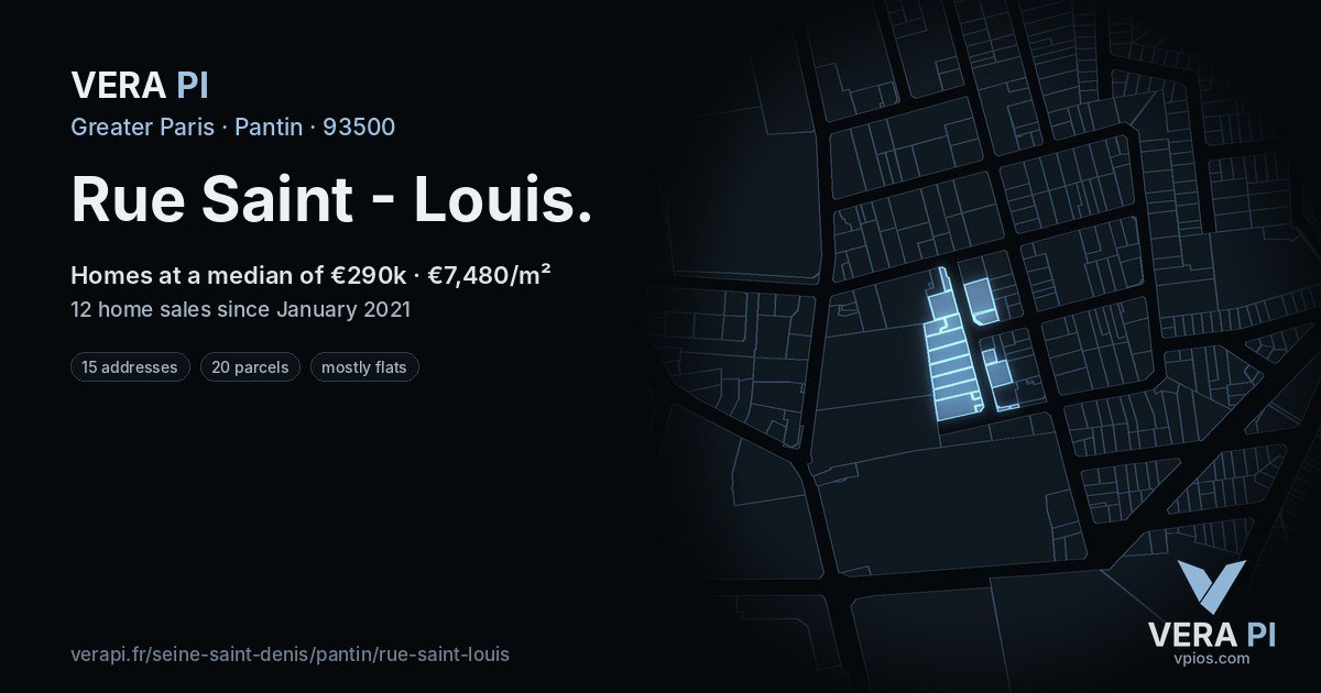 Rue Saint - Louis, Pantin at night – every parcel coloured by the prices around it, the street's own parcels lit