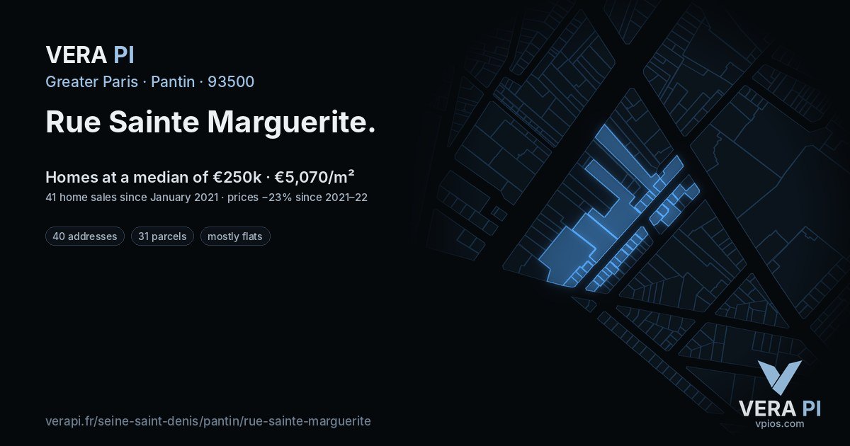 Rue Sainte Marguerite, Pantin at night – every parcel coloured by the prices around it, the street's own parcels lit