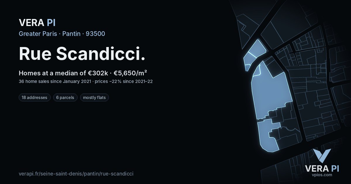Rue Scandicci, Pantin at night – every parcel coloured by the prices around it, the street's own parcels lit