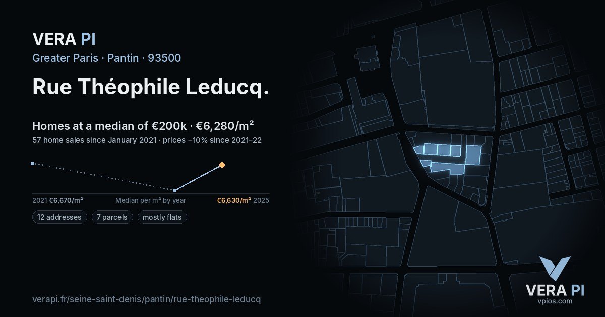 Rue Théophile Leducq, Pantin at night – every parcel coloured by the prices around it, the street's own parcels lit
