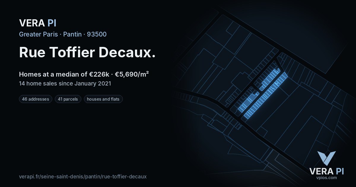 Rue Toffier Decaux, Pantin at night – every parcel coloured by the prices around it, the street's own parcels lit