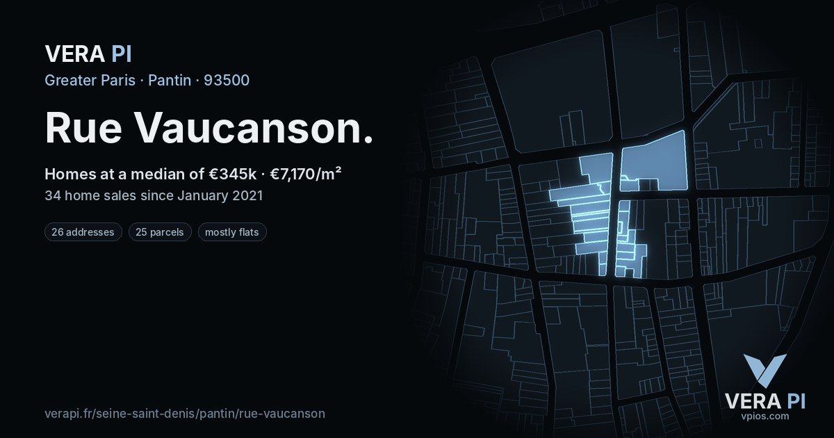 Rue Vaucanson, Pantin at night – every parcel coloured by the prices around it, the street's own parcels lit
