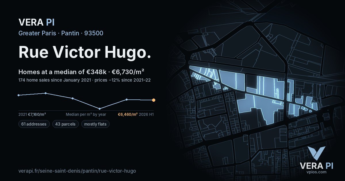 Rue Victor Hugo, Pantin at night – every parcel coloured by the prices around it, the street's own parcels lit