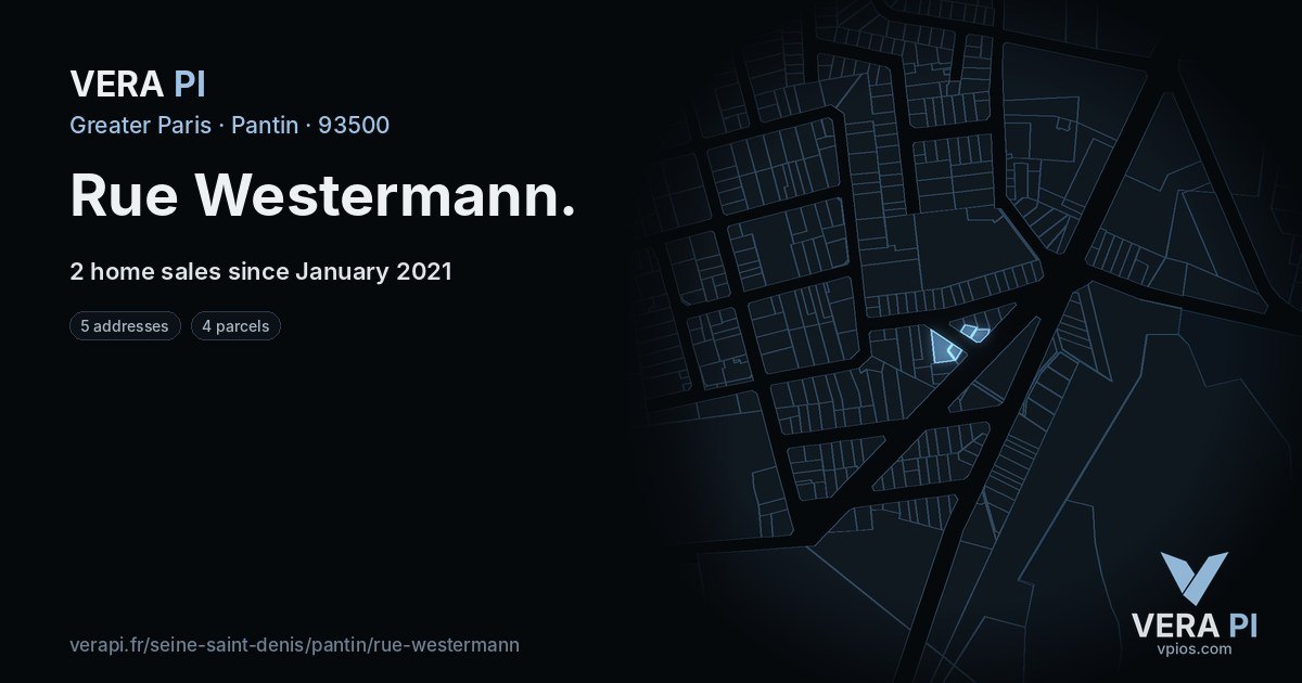 Rue Westermann, Pantin at night – every parcel coloured by the prices around it, the street's own parcels lit