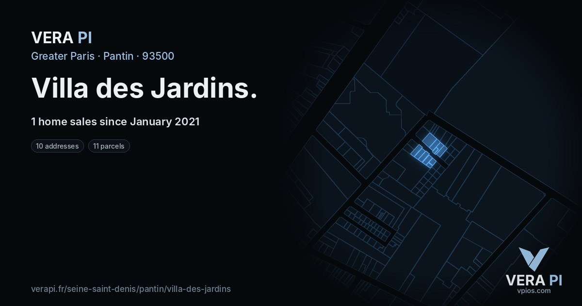 Villa des Jardins, Pantin at night – every parcel coloured by the prices around it, the street's own parcels lit