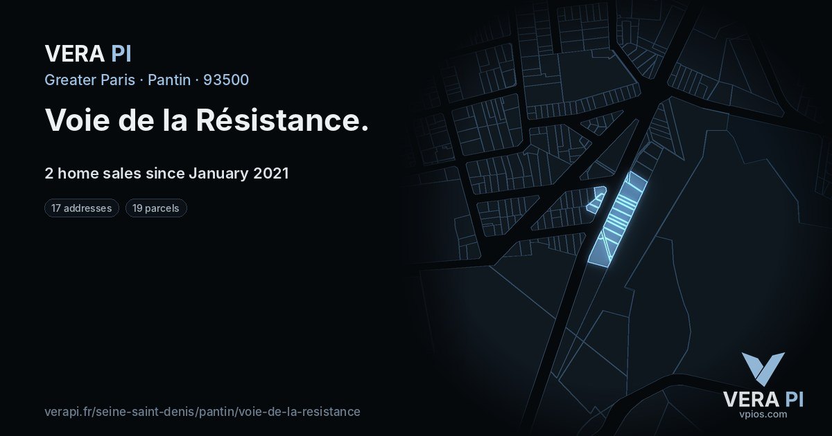 Voie de la Résistance, Pantin at night – every parcel coloured by the prices around it, the street's own parcels lit