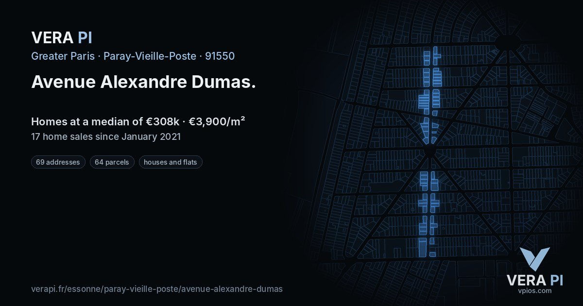 Avenue Alexandre Dumas, Paray-Vieille-Poste at night – every parcel coloured by the prices around it, the street's own parcels lit