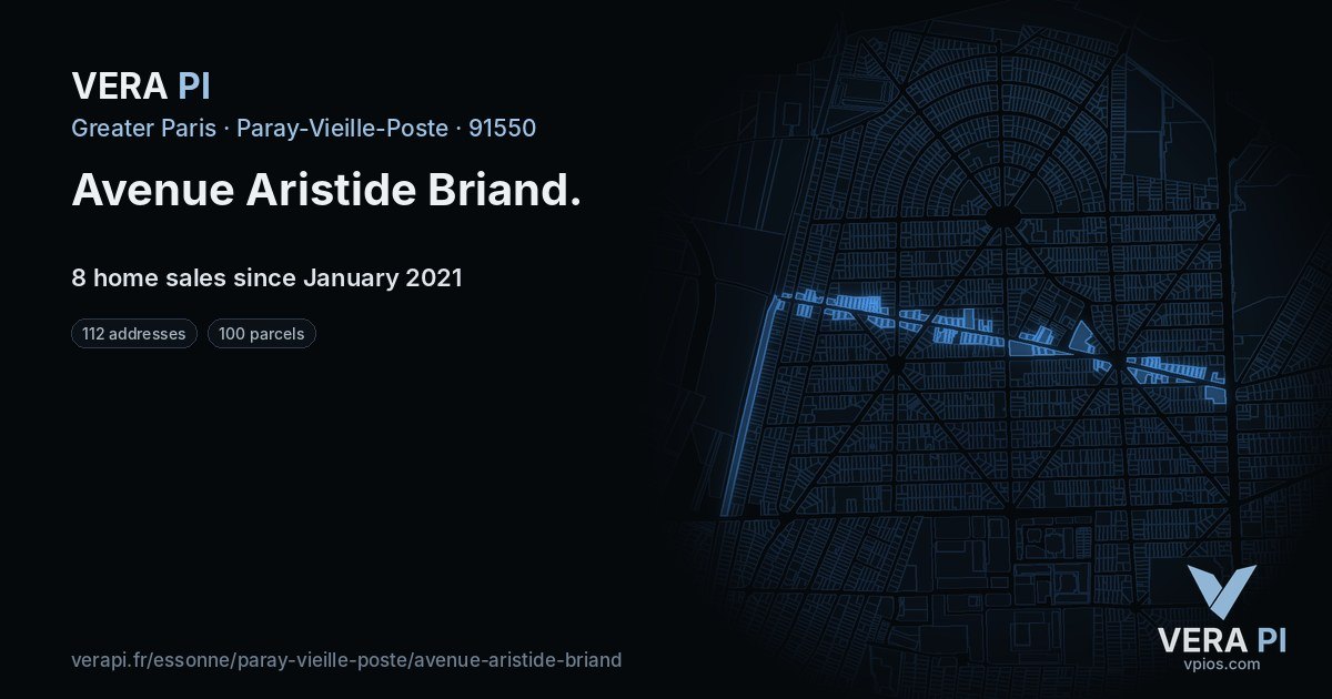 Avenue Aristide Briand, Paray-Vieille-Poste at night – every parcel coloured by the prices around it, the street's own parcels lit