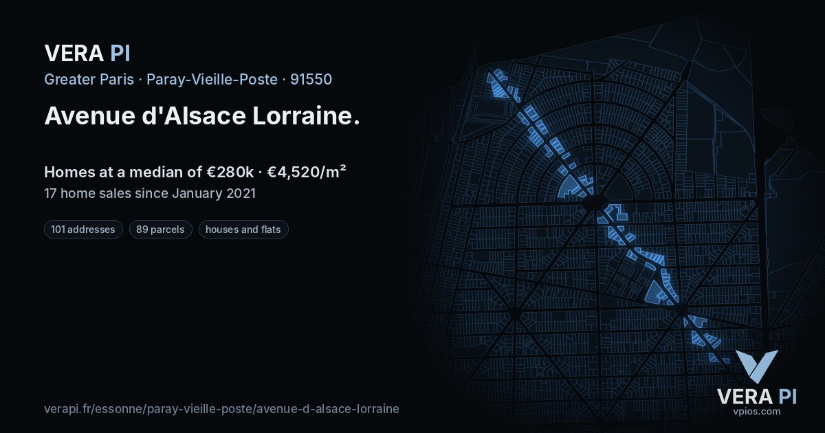 Avenue d'Alsace Lorraine, Paray-Vieille-Poste at night – every parcel coloured by the prices around it, the street's own parcels lit