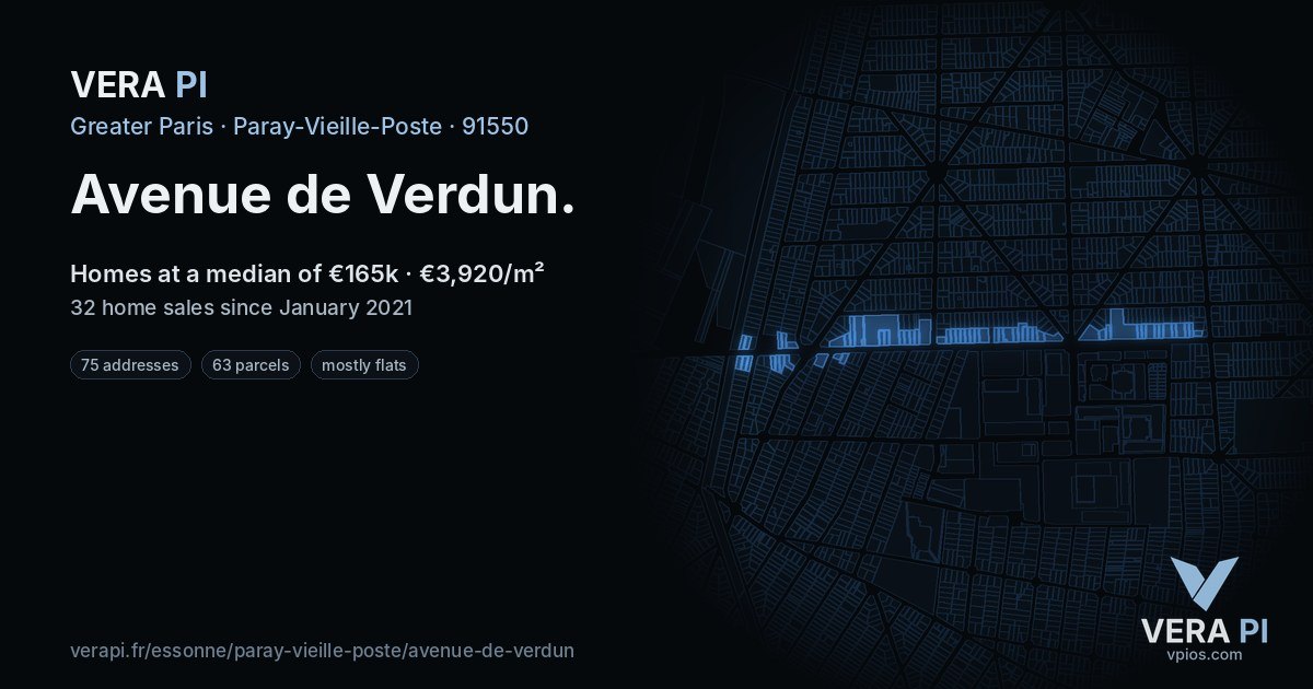 Avenue de Verdun, Paray-Vieille-Poste at night – every parcel coloured by the prices around it, the street's own parcels lit