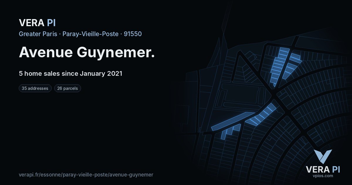 Avenue Guynemer, Paray-Vieille-Poste at night – every parcel coloured by the prices around it, the street's own parcels lit