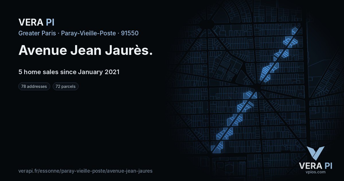 Avenue Jean Jaurès, Paray-Vieille-Poste at night – every parcel coloured by the prices around it, the street's own parcels lit