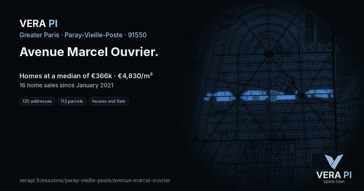 Avenue Marcel Ouvrier, Paray-Vieille-Poste at night – every parcel coloured by the prices around it, the street's own parcels lit