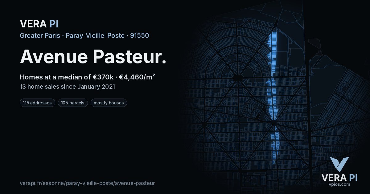 Avenue Pasteur, Paray-Vieille-Poste at night – every parcel coloured by the prices around it, the street's own parcels lit