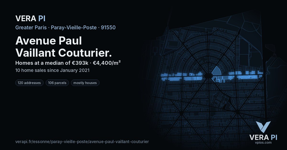 Avenue Paul Vaillant Couturier, Paray-Vieille-Poste at night – every parcel coloured by the prices around it, the street's own parcels lit