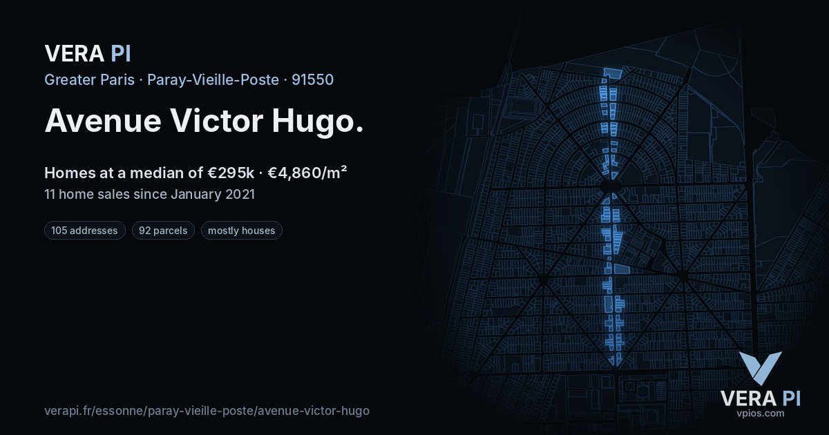 Avenue Victor Hugo, Paray-Vieille-Poste at night – every parcel coloured by the prices around it, the street's own parcels lit