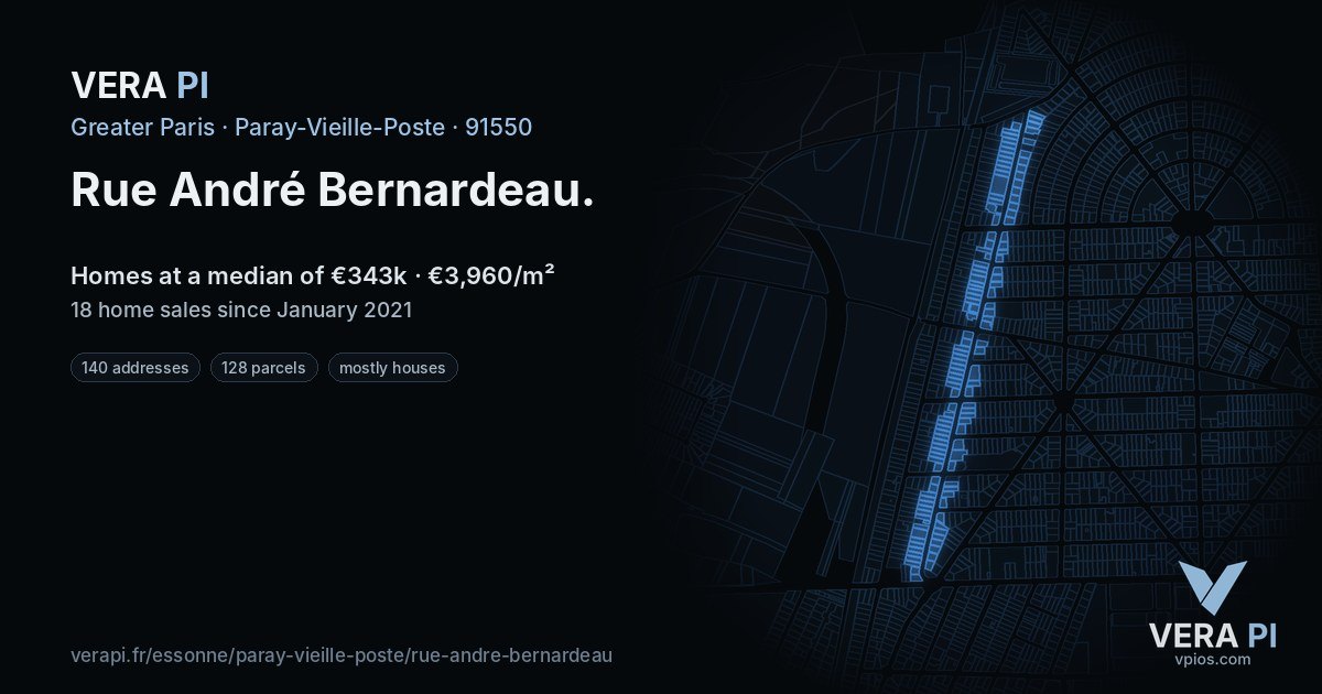 Rue André Bernardeau, Paray-Vieille-Poste at night – every parcel coloured by the prices around it, the street's own parcels lit