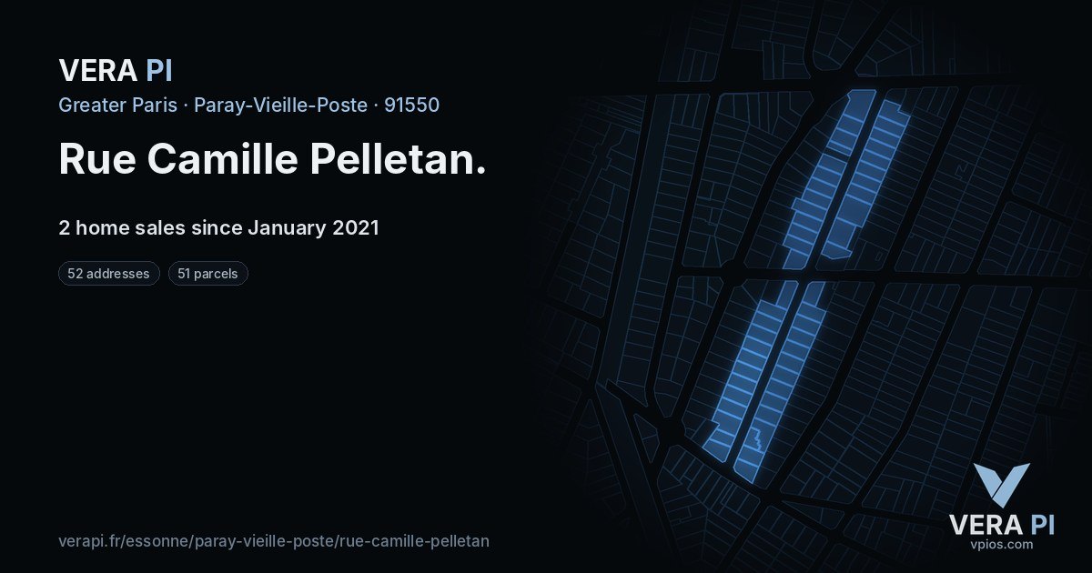 Rue Camille Pelletan, Paray-Vieille-Poste at night – every parcel coloured by the prices around it, the street's own parcels lit