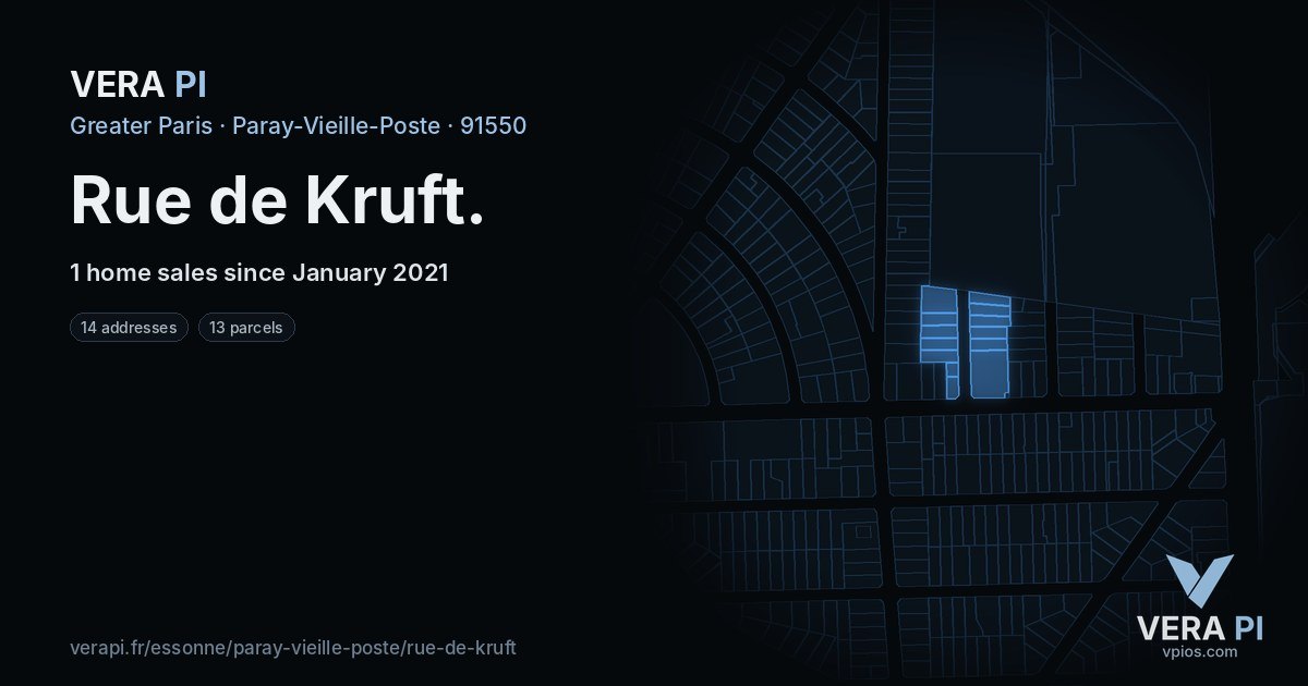 Rue de Kruft, Paray-Vieille-Poste at night – every parcel coloured by the prices around it, the street's own parcels lit