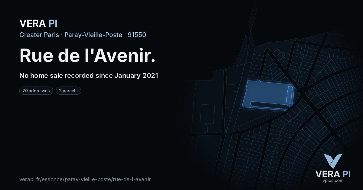 Rue de l'Avenir, Paray-Vieille-Poste at night – every parcel coloured by the prices around it, the street's own parcels lit