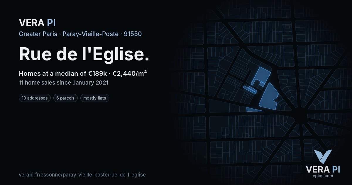 Rue de l'Eglise, Paray-Vieille-Poste at night – every parcel coloured by the prices around it, the street's own parcels lit