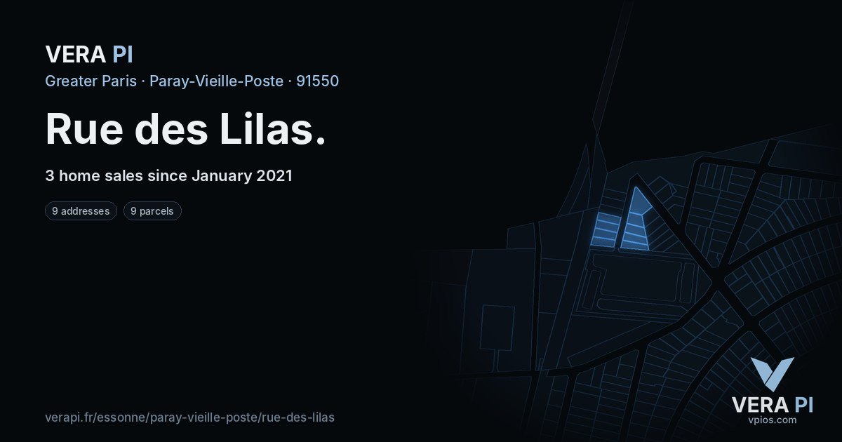 Rue des Lilas, Paray-Vieille-Poste at night – every parcel coloured by the prices around it, the street's own parcels lit