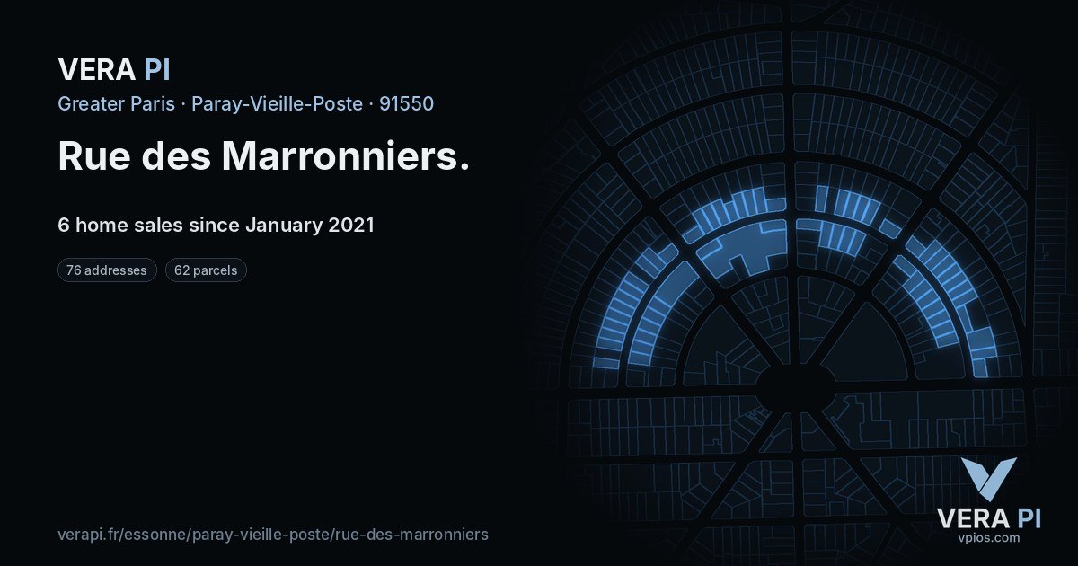 Rue des Marronniers, Paray-Vieille-Poste at night – every parcel coloured by the prices around it, the street's own parcels lit