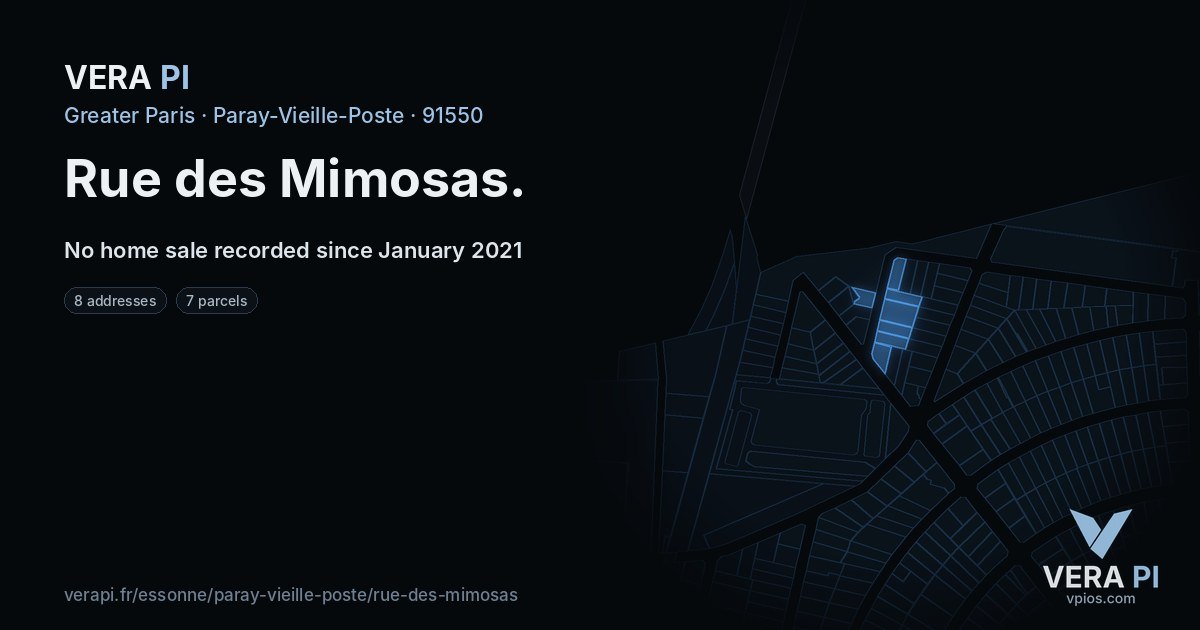 Rue des Mimosas, Paray-Vieille-Poste at night – every parcel coloured by the prices around it, the street's own parcels lit
