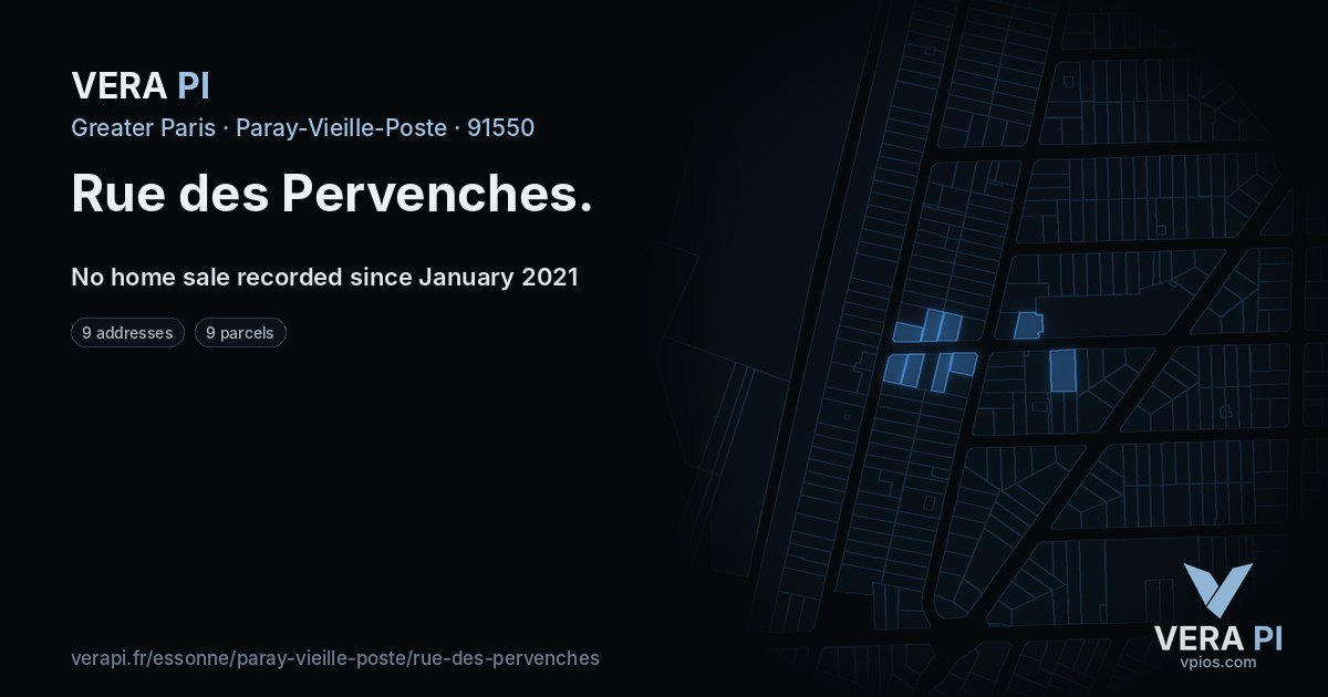 Rue des Pervenches, Paray-Vieille-Poste at night – every parcel coloured by the prices around it, the street's own parcels lit