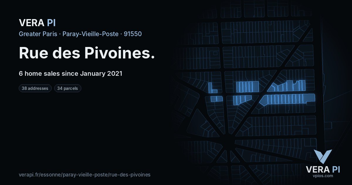 Rue des Pivoines, Paray-Vieille-Poste at night – every parcel coloured by the prices around it, the street's own parcels lit