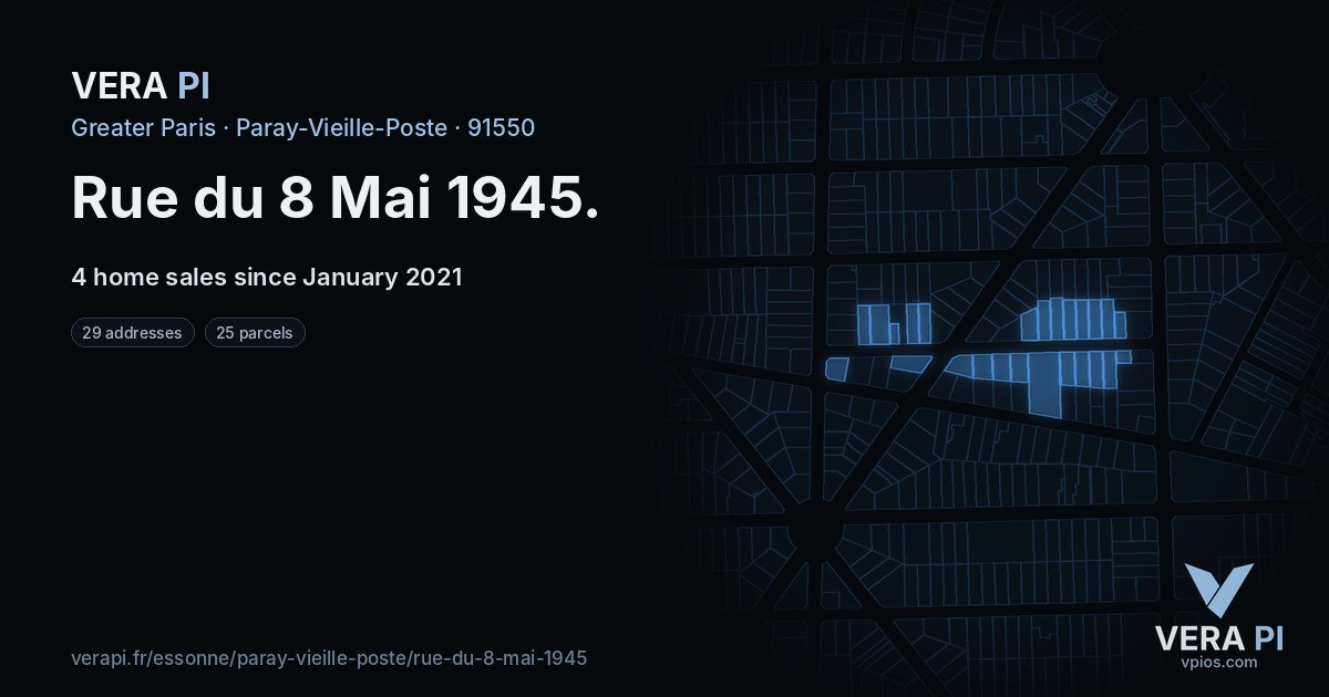 Rue du 8 Mai 1945, Paray-Vieille-Poste at night – every parcel coloured by the prices around it, the street's own parcels lit