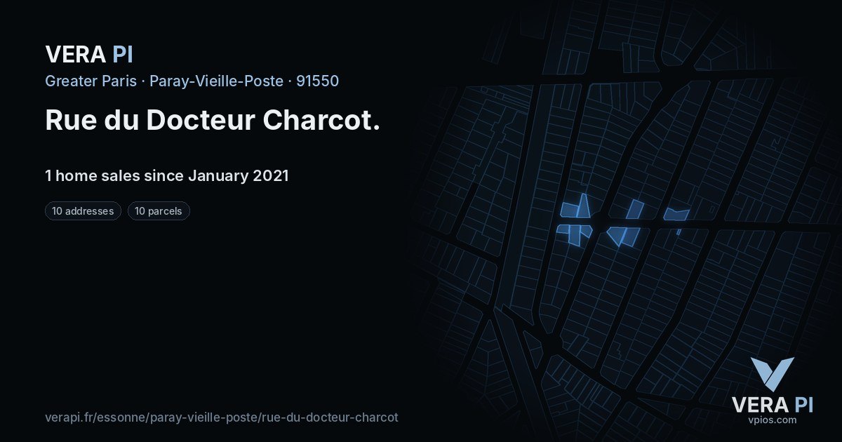 Rue du Docteur Charcot, Paray-Vieille-Poste at night – every parcel coloured by the prices around it, the street's own parcels lit
