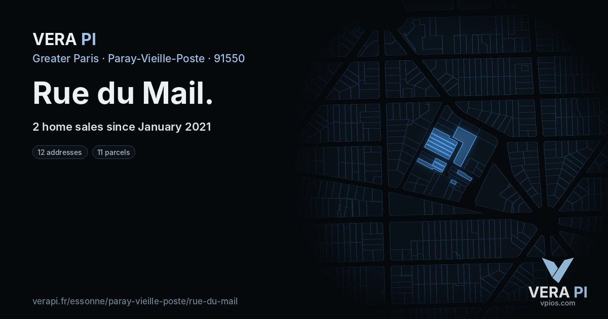 Rue du Mail, Paray-Vieille-Poste at night – every parcel coloured by the prices around it, the street's own parcels lit
