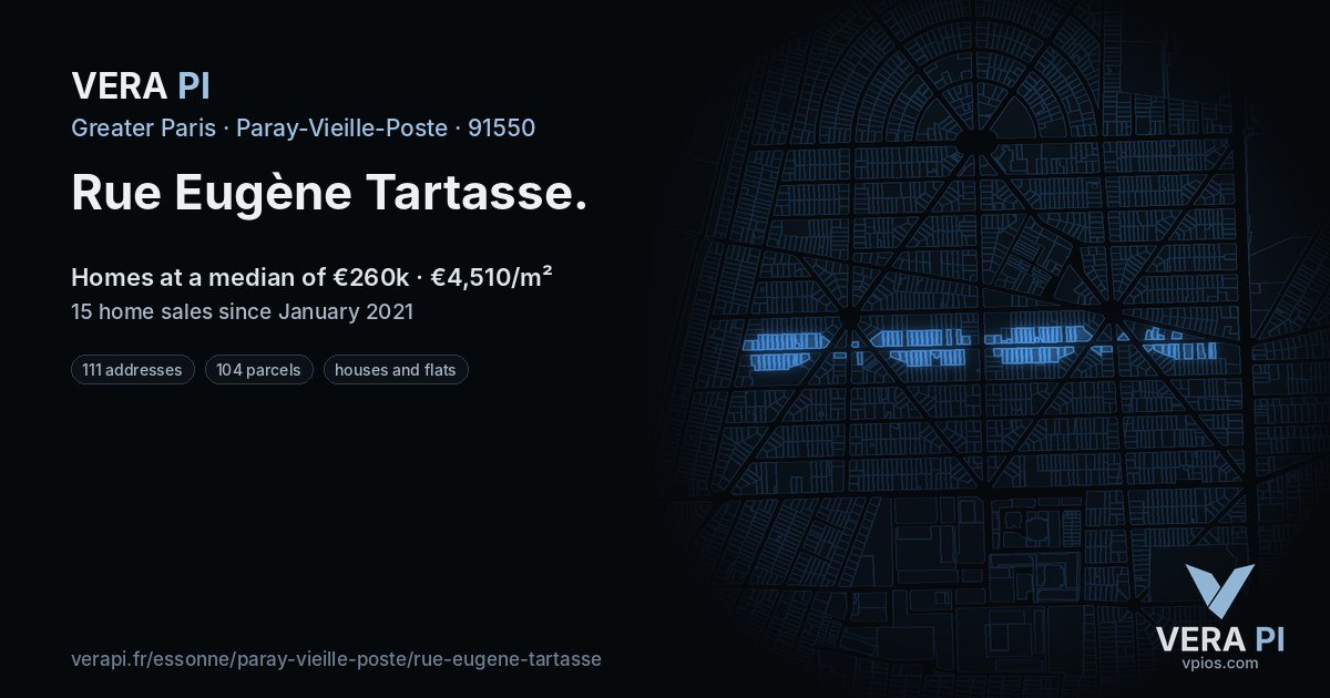 Rue Eugène Tartasse, Paray-Vieille-Poste at night – every parcel coloured by the prices around it, the street's own parcels lit