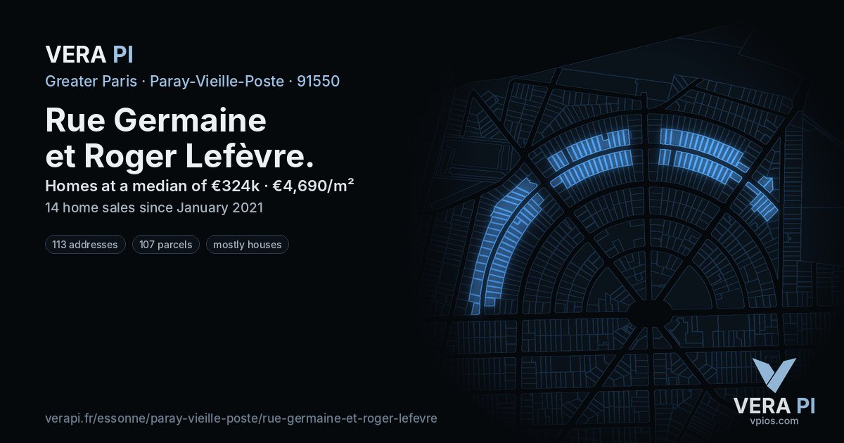 Rue Germaine et Roger Lefèvre, Paray-Vieille-Poste at night – every parcel coloured by the prices around it, the street's own parcels lit