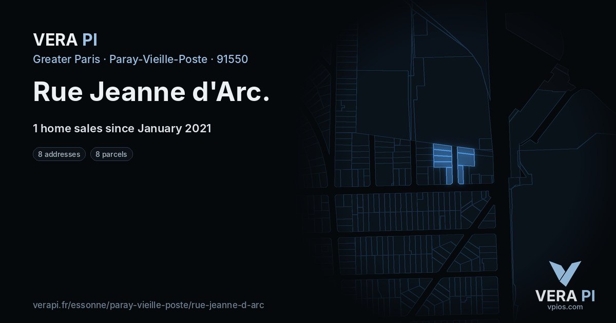 Rue Jeanne d'Arc, Paray-Vieille-Poste at night – every parcel coloured by the prices around it, the street's own parcels lit