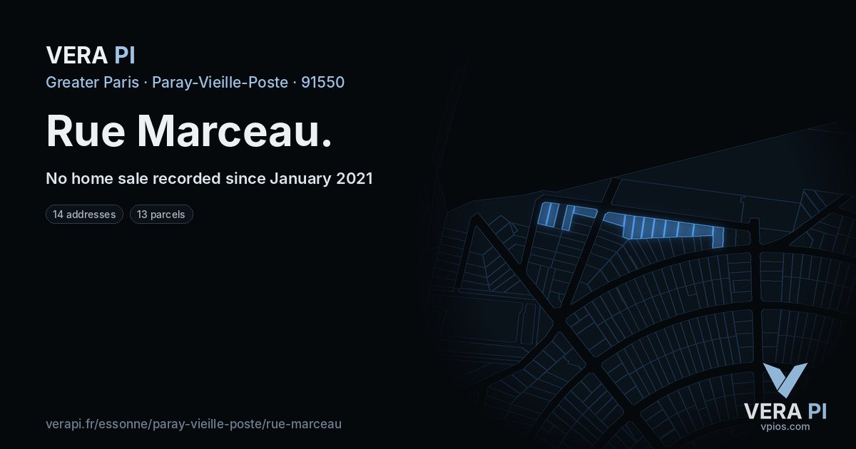 Rue Marceau, Paray-Vieille-Poste at night – every parcel coloured by the prices around it, the street's own parcels lit