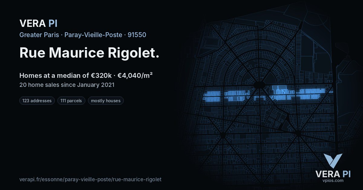 Rue Maurice Rigolet, Paray-Vieille-Poste at night – every parcel coloured by the prices around it, the street's own parcels lit
