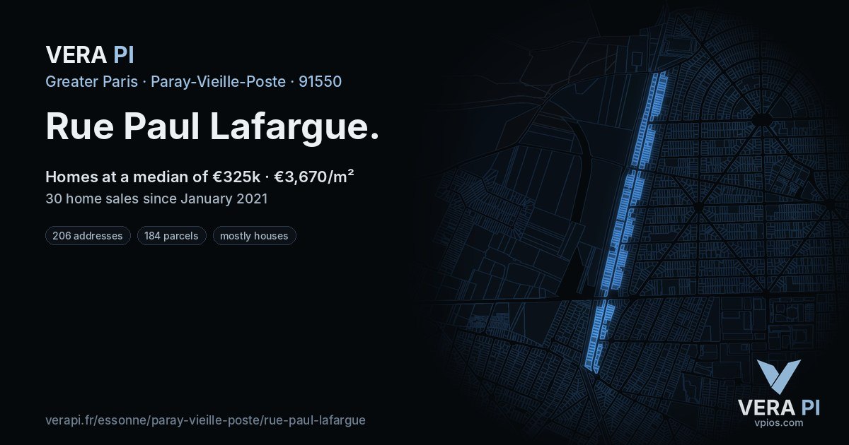 Rue Paul Lafargue, Paray-Vieille-Poste at night – every parcel coloured by the prices around it, the street's own parcels lit