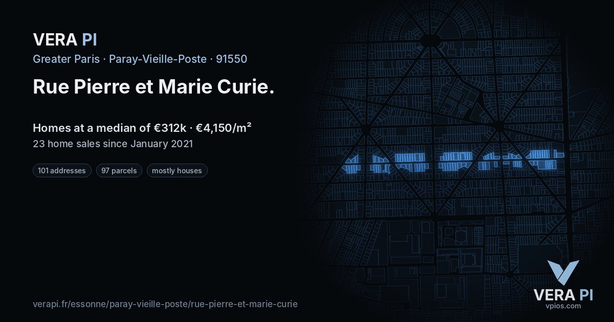 Rue Pierre et Marie Curie, Paray-Vieille-Poste at night – every parcel coloured by the prices around it, the street's own parcels lit