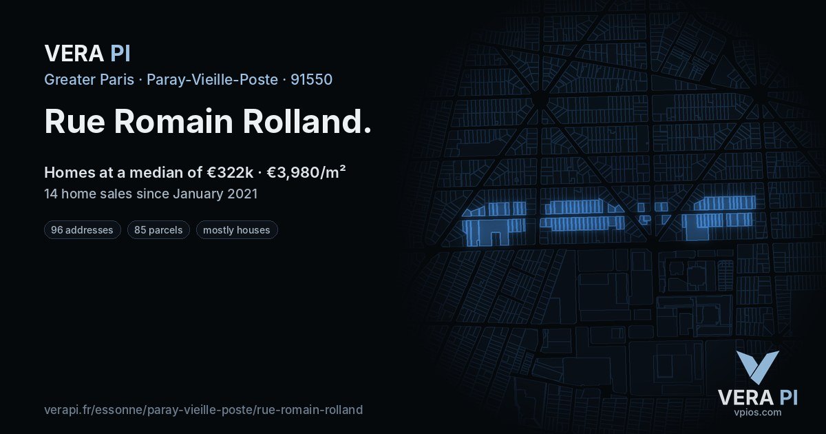 Rue Romain Rolland, Paray-Vieille-Poste at night – every parcel coloured by the prices around it, the street's own parcels lit